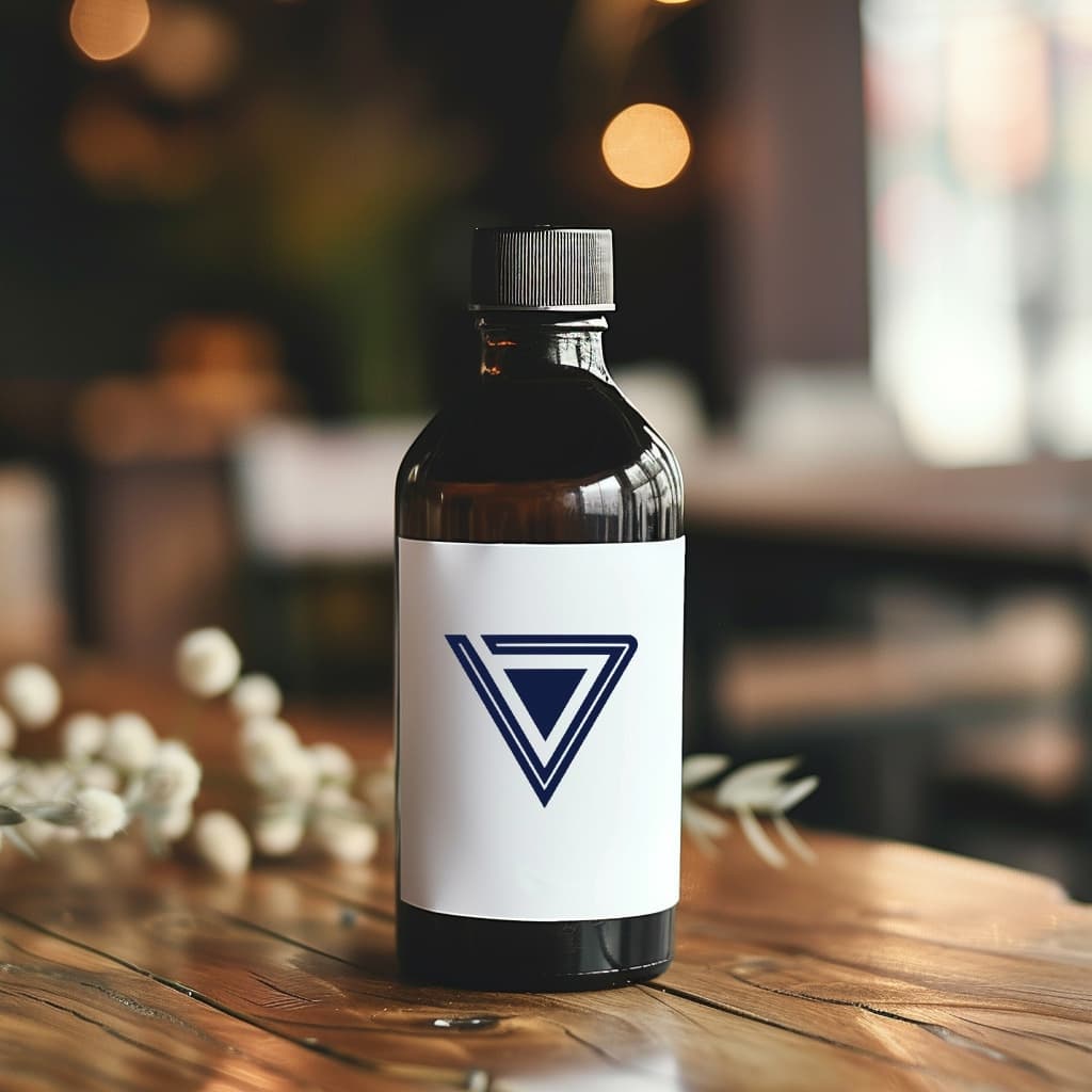 Botella de vidrio oscuro sobre una mesa de madera, decorada con una etiqueta blanca que tiene un logo de triángulo en color azul. En el fondo se pueden ver luces desenfocadas y un ambiente acogedor. La marca 'punto clave' está implícita en el diseño y presentación del producto.