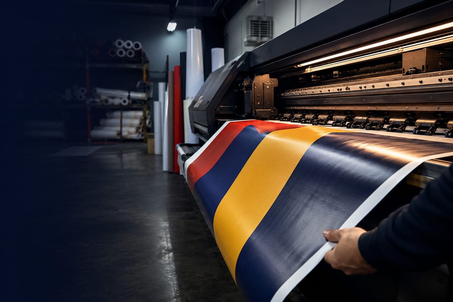 Impresión de una lona a color en plóter de gran formato en el taller de Punto Clave