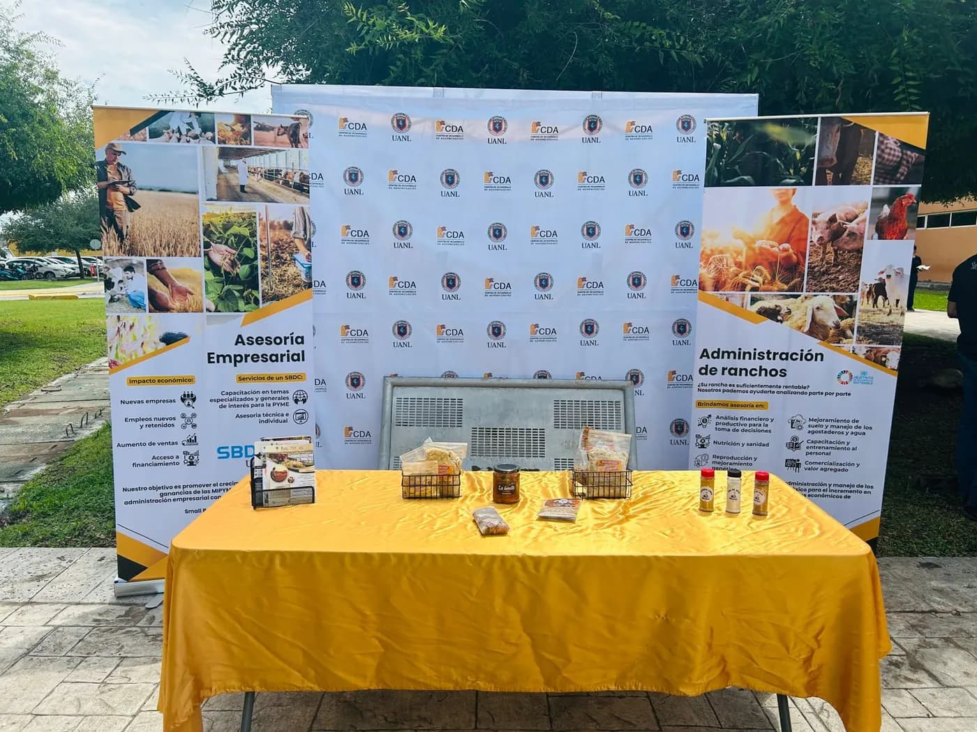 Pared gráfica tipo backwall y mesa con productos en un evento al aire libre