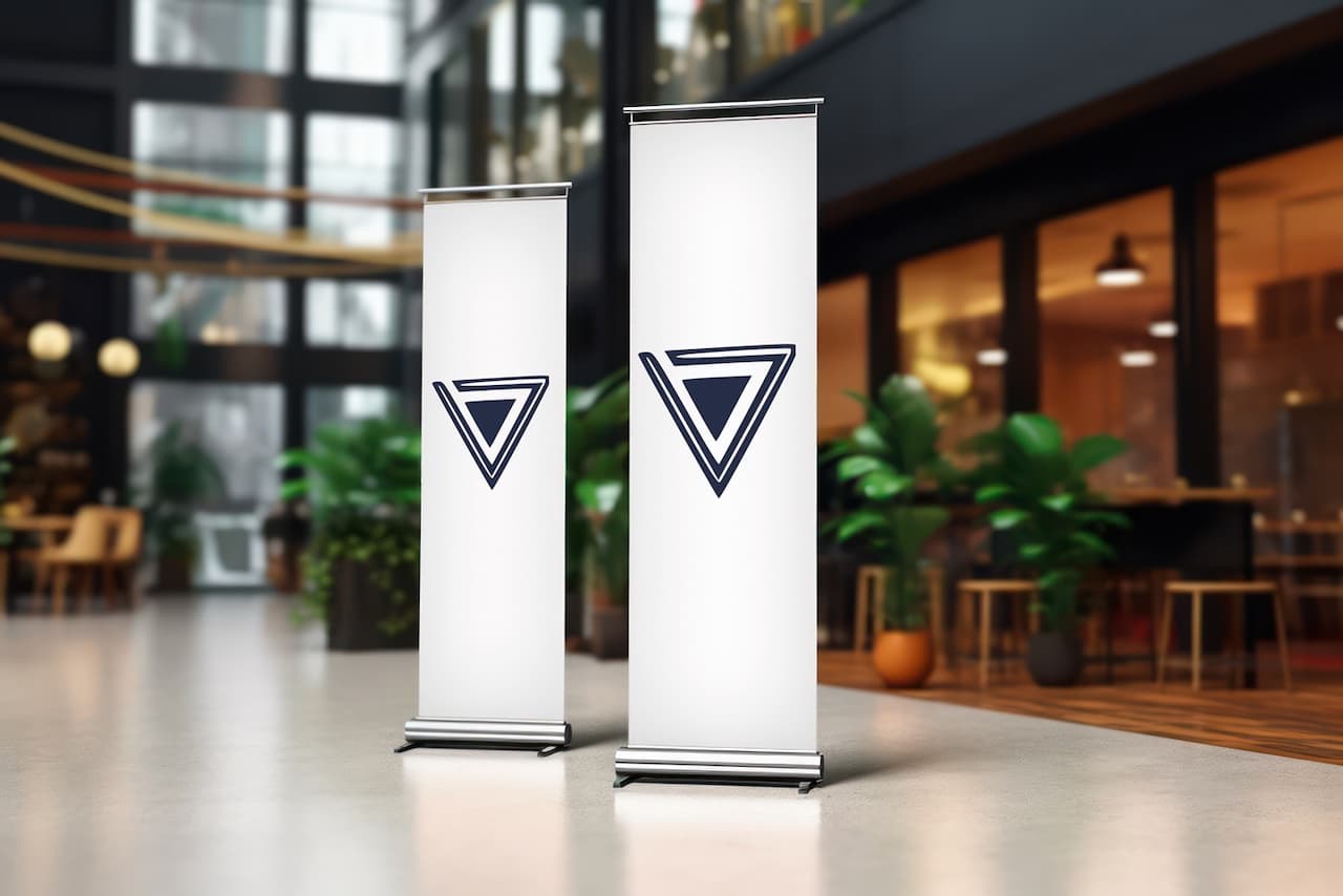 Dos banners enrollables prominentes en un ambiente moderno y luminoso, con un fondo de plantas y mobiliario de café. Ambos presentan un diseño sencillo y elegante con un símbolo en forma de triángulo, representando la marca 'punto clave'.