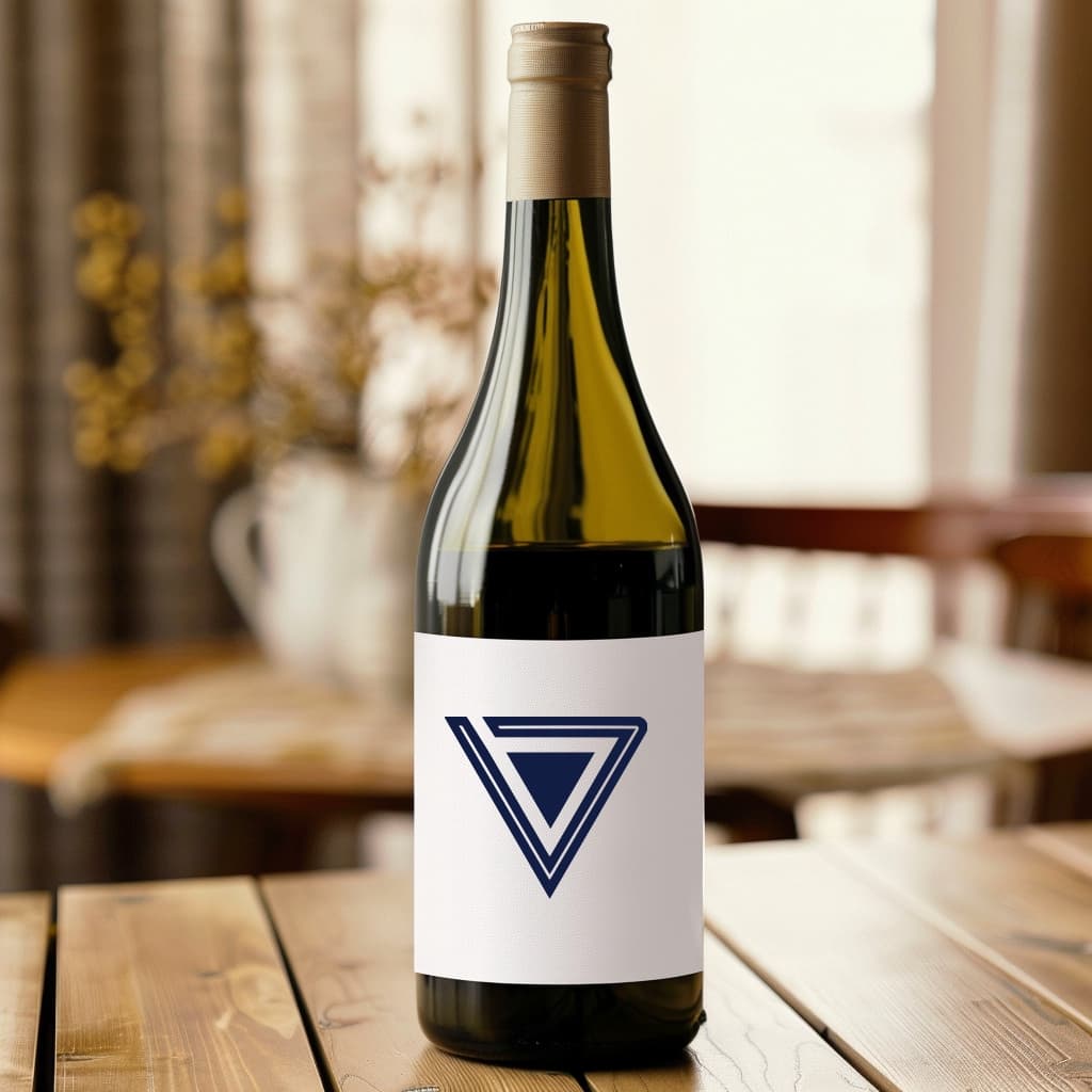 Botella de vino con una etiqueta de vinil blanca personalizada con el logotipo de 'punto clave', colocada sobre una mesa de madera con luz natural de fondo.
