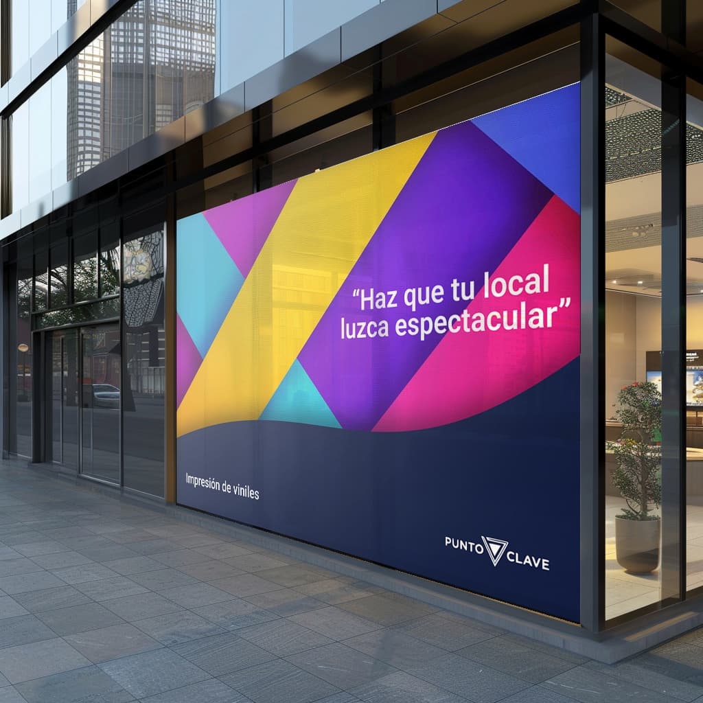 Una gran fachada de un local que muestra un diseño colorido y moderno en tonos azul, amarillo, rosa y morado. En el centro, se encuentra la frase 'Haz que tu local luzca espectacular', destacando el servicio de impresión de viniles de la marca 'punto clave'.